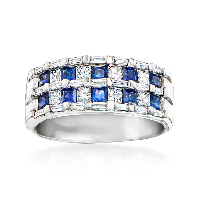 White gold ring with blue sapphires and diamonds in baguette square setting
