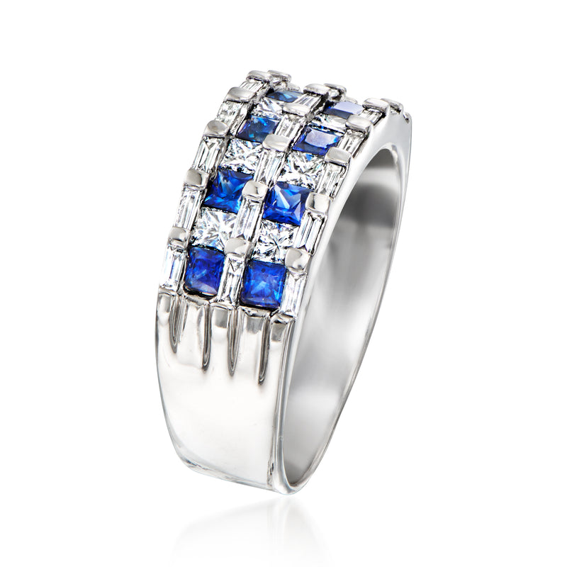 White gold ring with blue sapphire and diamond baguette square columns, side view