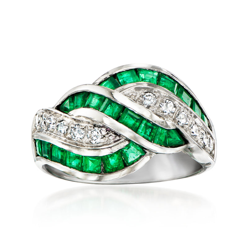 Vintage platinum twist ring with emerald and diamond bands