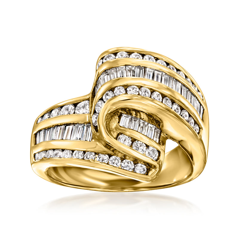 Vintage three-row diamond ring in 14kt yellow gold, baguette and round stones