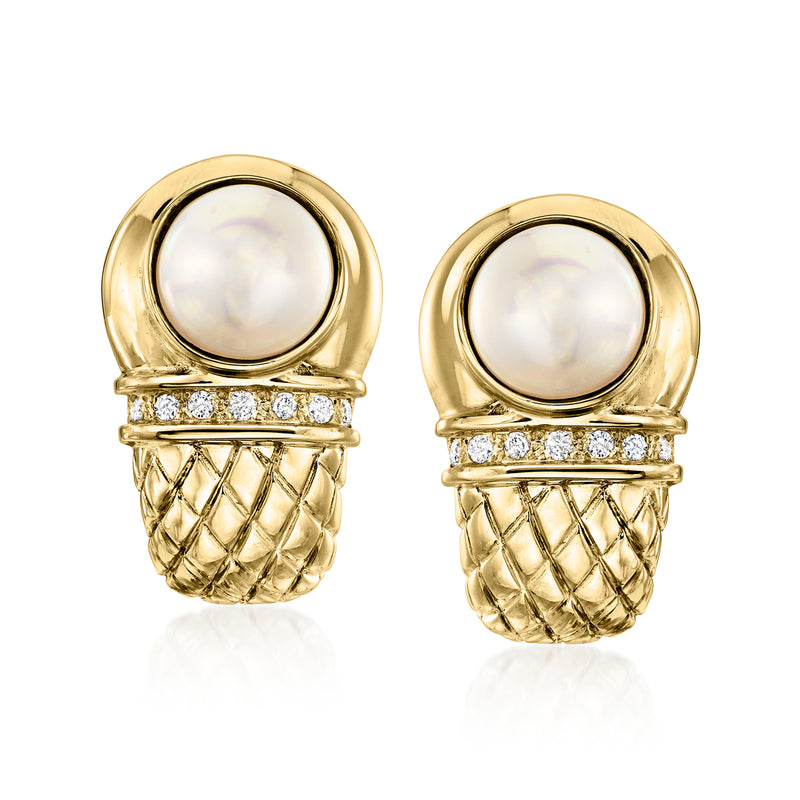 14kt yellow gold mabe pearl curved earrings with diamond row and quilted basket backs