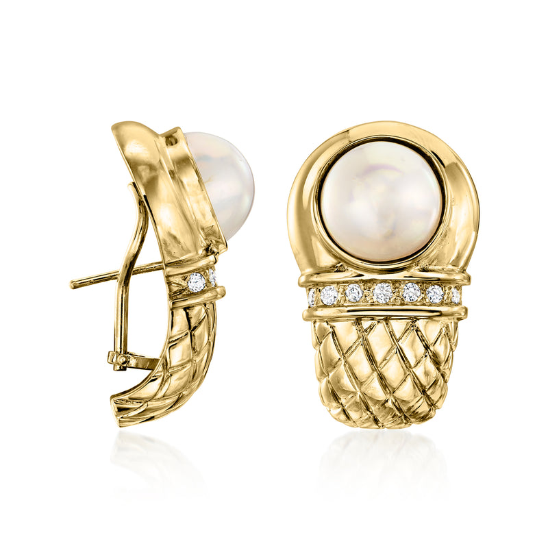 Side view 14kt yellow gold mabe pearl curved clip/post earrings with diamond row