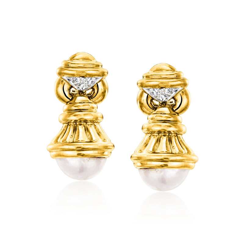 18kt yellow gold pearl drop earrings with diamond accents, clip/post style