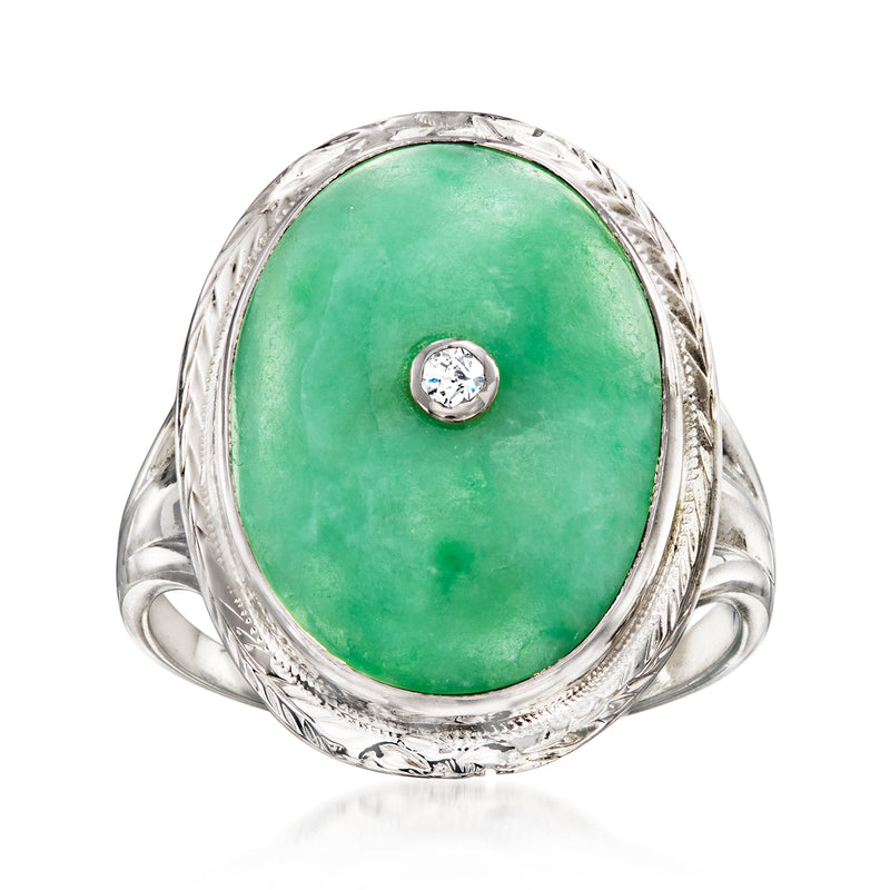 Oval green jade cabochon ring with single diamond and filigree 18kt white gold band