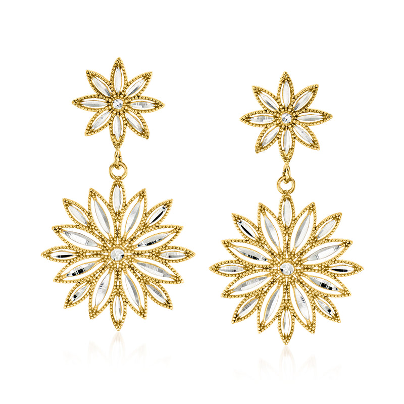 Gold-tone flower drop earrings with white center stones and dangling petal design