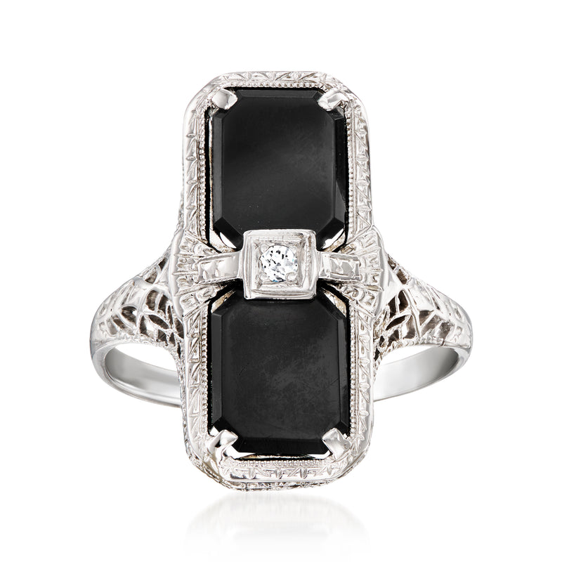 Vintage onyx filigree ring in 14k white gold with diamond accent