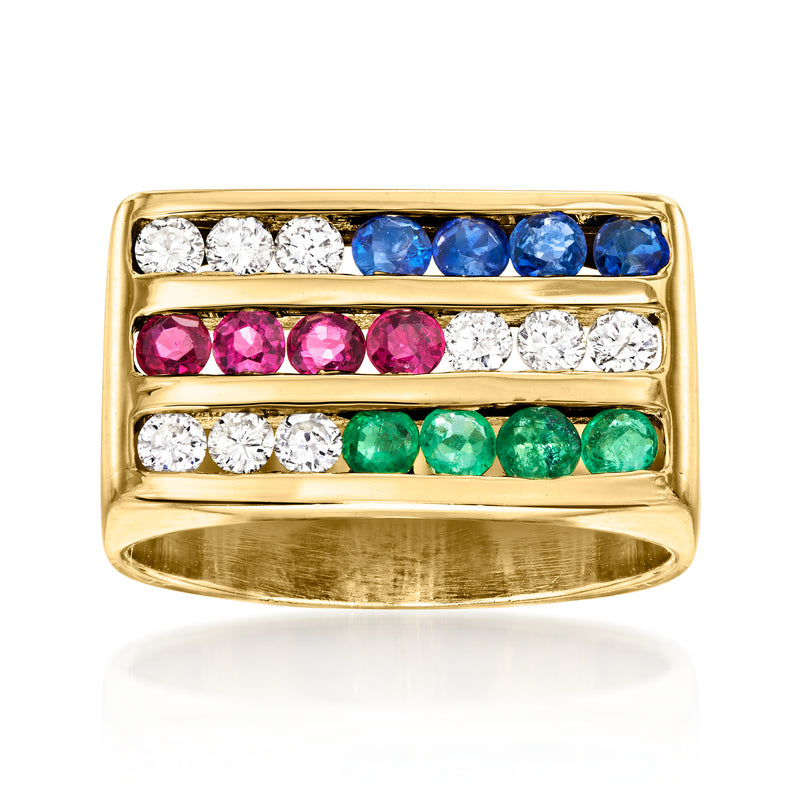 18kt yellow gold multi-row gemstone band ring with blue, pink, green and white stones