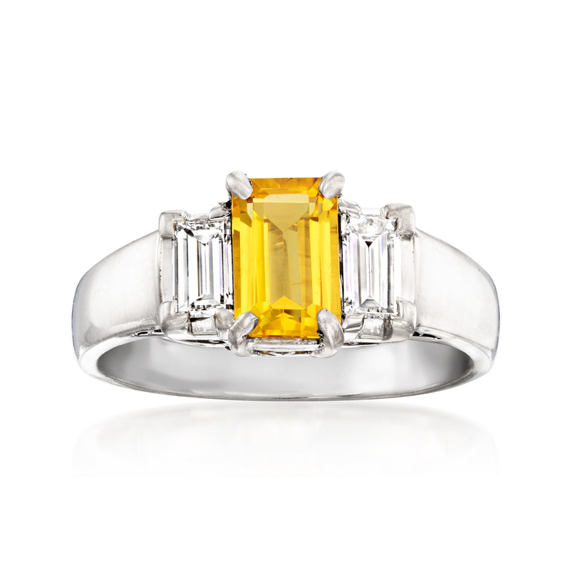 Platinum ring with rectangular citrine center and baguette diamond sides, size 5.5