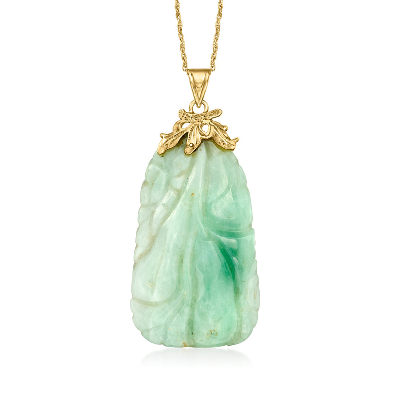 14kt yellow gold necklace with light green carved jade teardrop pendant