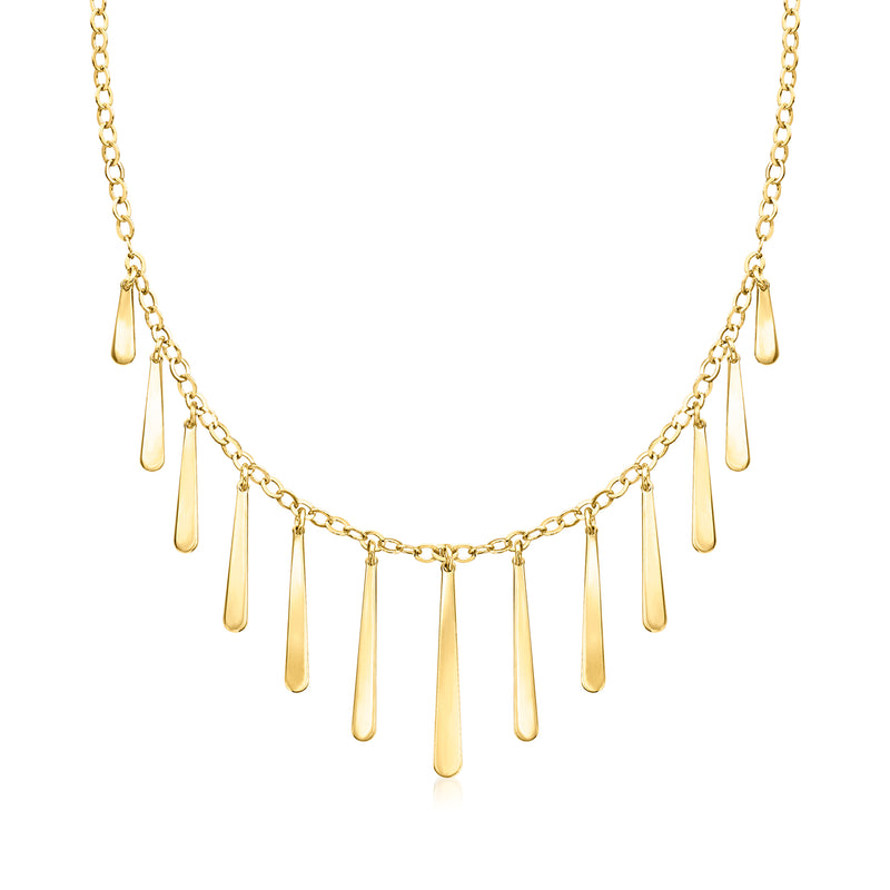 Gold elongated teardrop fringe necklace with multi-drop links and chain