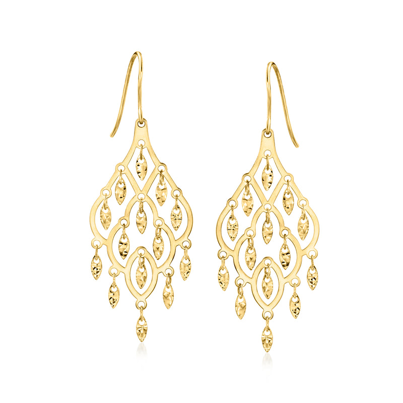 14kt yellow gold chandelier drop earrings with ornate openwork and dangling leaves
