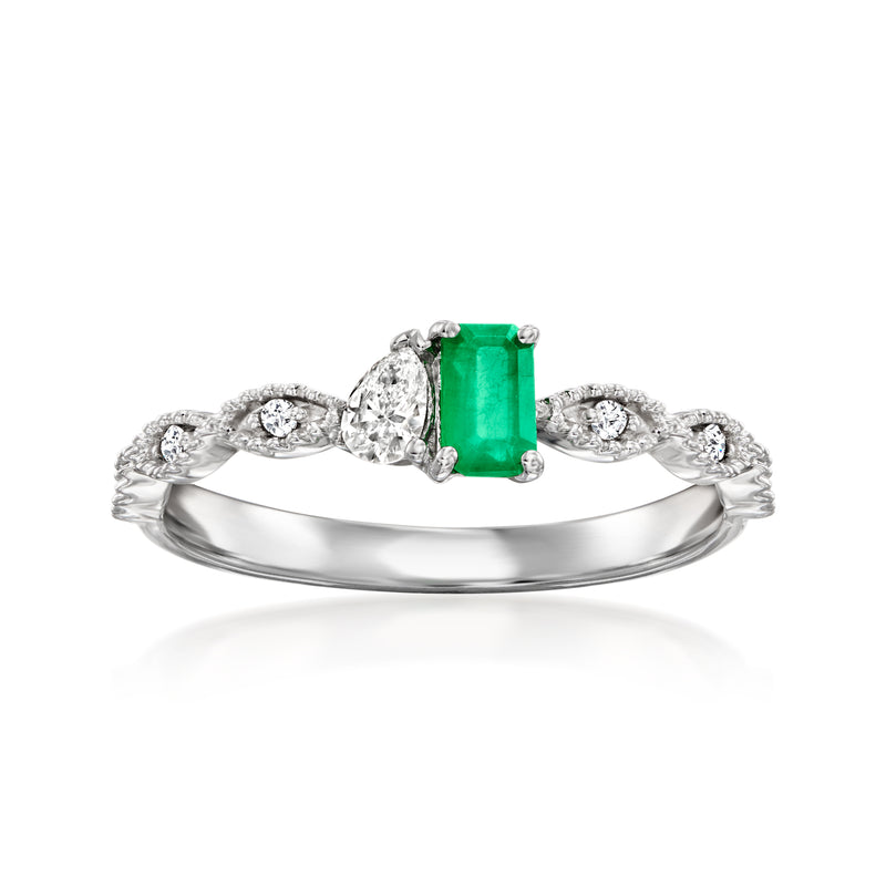 14kt white gold toi et moi ring with square green emerald center and diamond accents
