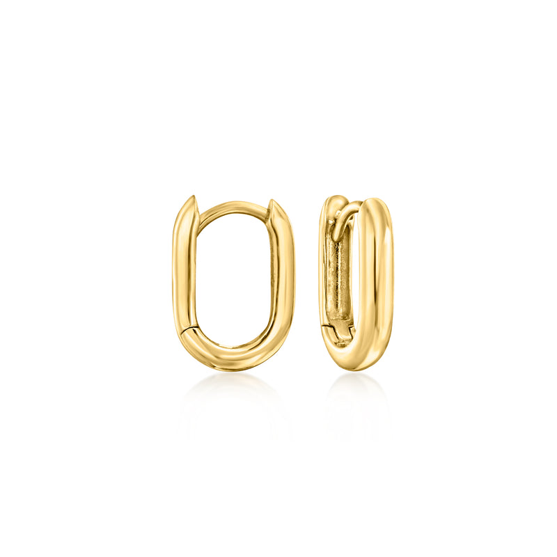 Yellow gold paper-clip link huggie hoop earrings, oval hoops with hinge detail
