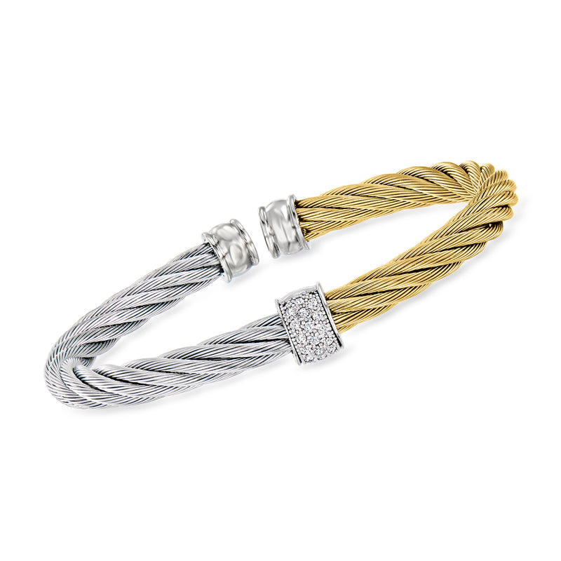 Two-tone cable cuff bracelet with braided yellow and gray metal strands and square diamond station