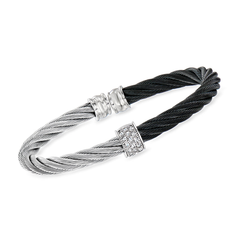 ALOR stainless steel cable cuff bracelet, black and gray, diamond-set station in white gold