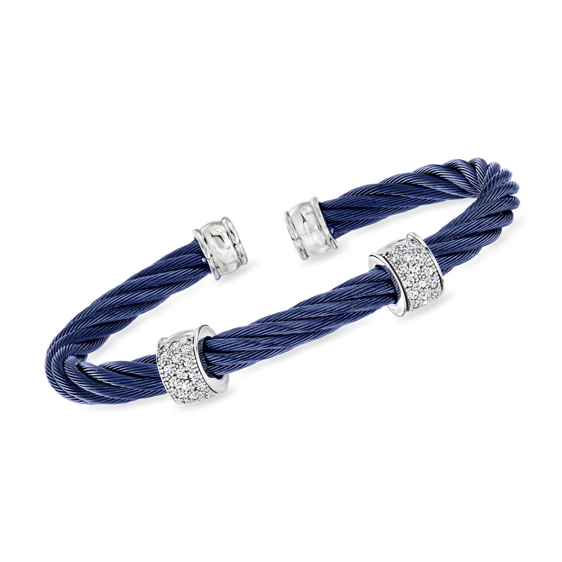 Blue stainless steel cable cuff bracelet with diamond station accents and clasp ends