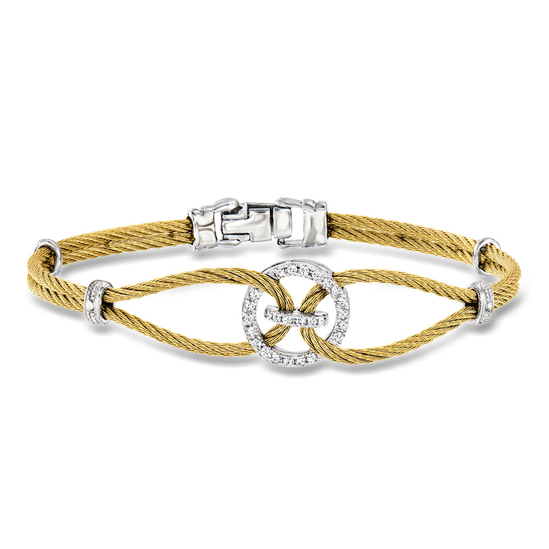 Gold braided cable bracelet with round diamond circle charms and white metal clasp