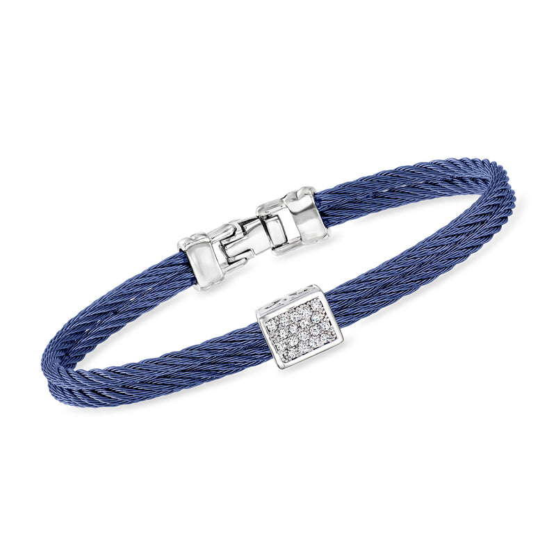 Blue braided cable bracelet with square diamond station in white gold