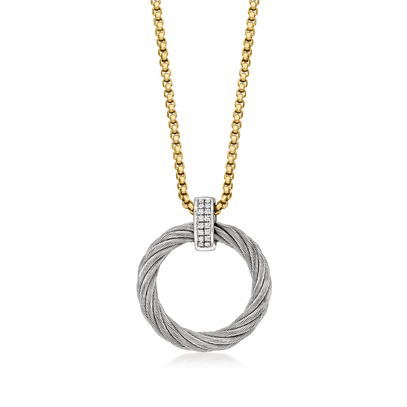 Diamond circle necklace with gray braided cable pendant and yellow gold-toned chain