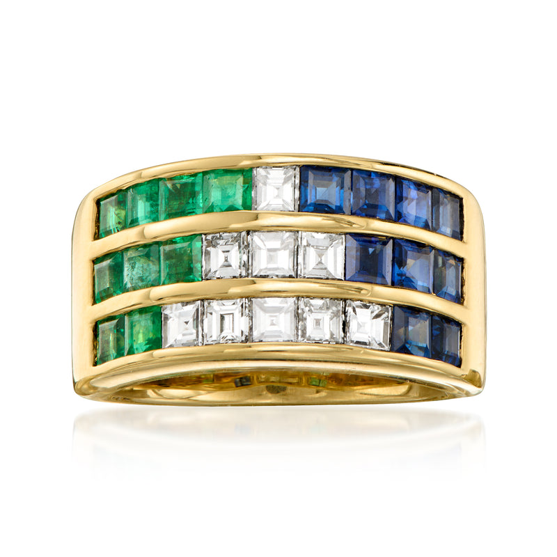 18kt gold three-row sapphire, emerald and diamond baguette ring