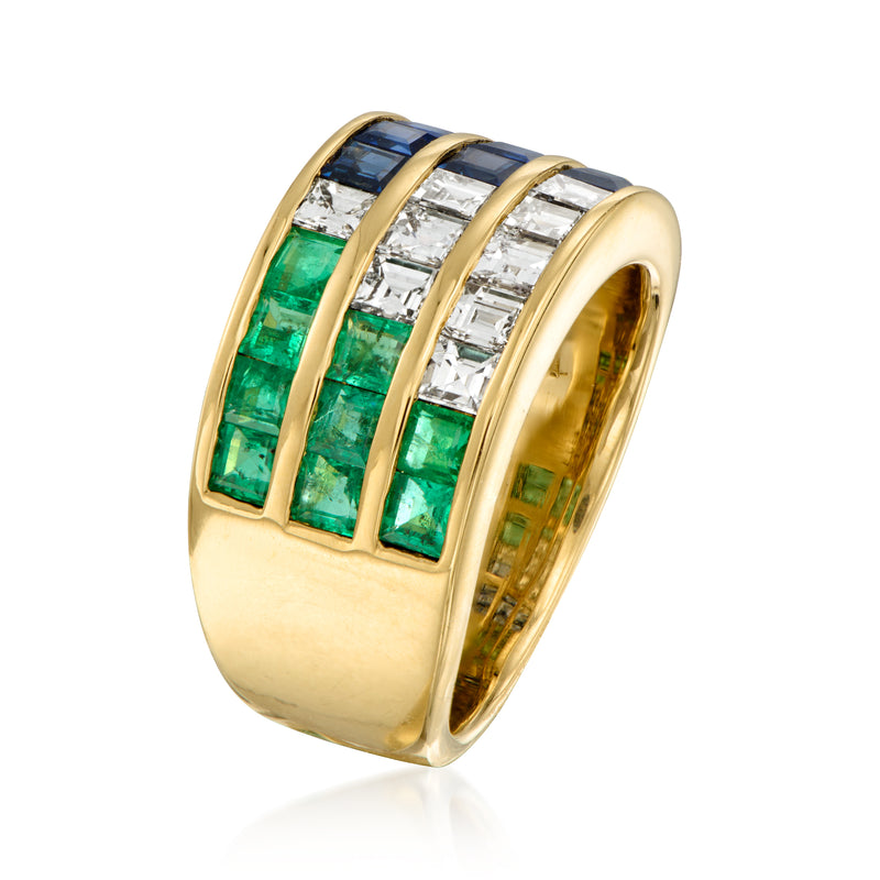 18kt yellow gold multi-row sapphire, emerald and diamond ring, angled view