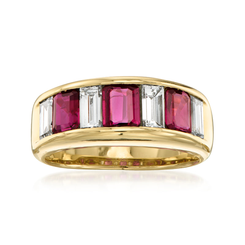 18kt yellow gold ring with emerald-cut rubies and baguette diamond accents