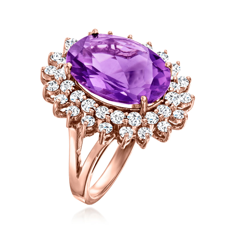 Side view of rose gold ring with oval purple amethyst and diamond halo