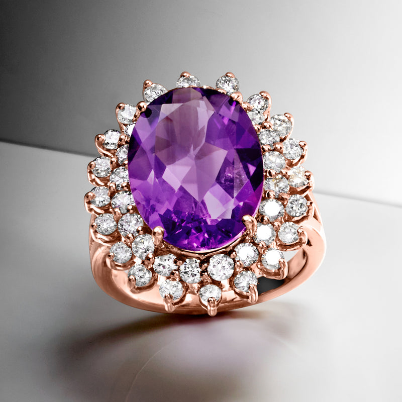 Rose gold amethyst diamond ring with oval stone and clustered round diamonds