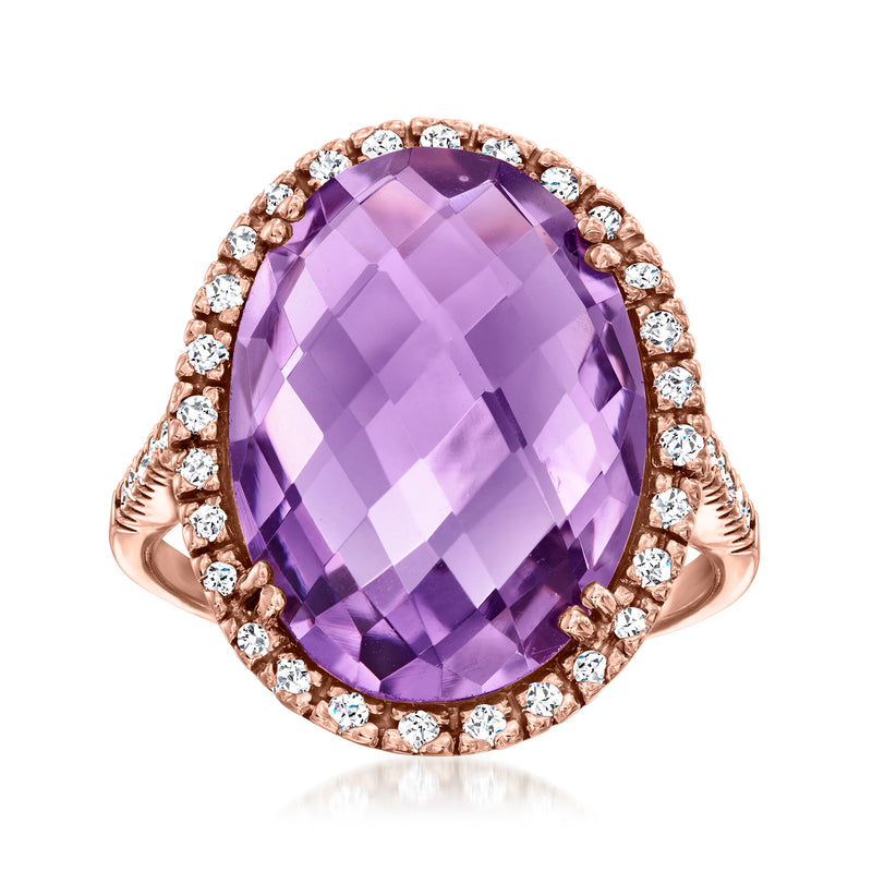 Oval amethyst halo ring, 14kt rose gold with diamond accents and large purple stone