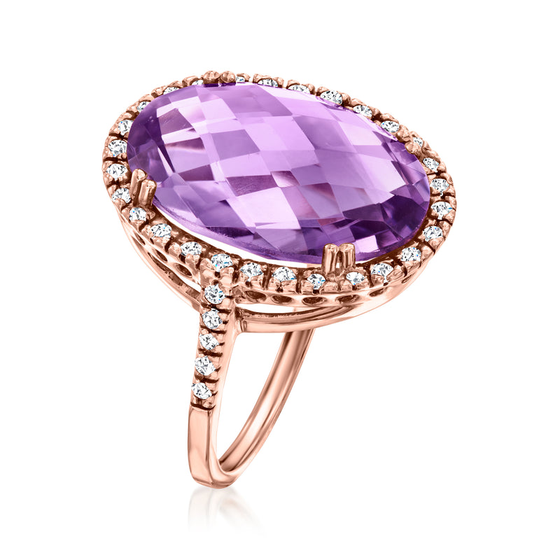 Amethyst and diamond ring in 14kt rose gold with oval faceted purple center stone