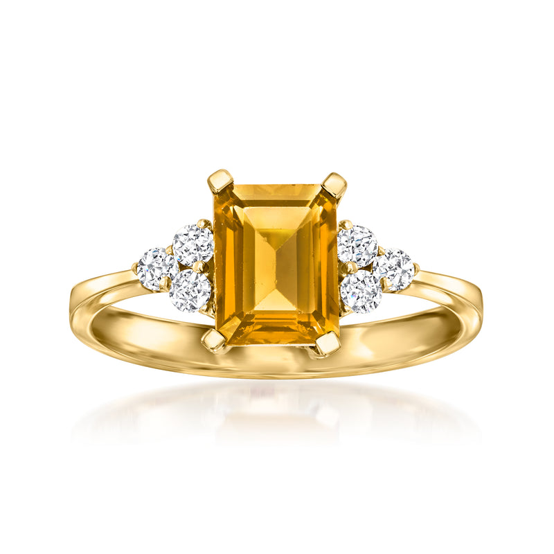14kt yellow gold ring with emerald-cut citrine center and round diamond side stones