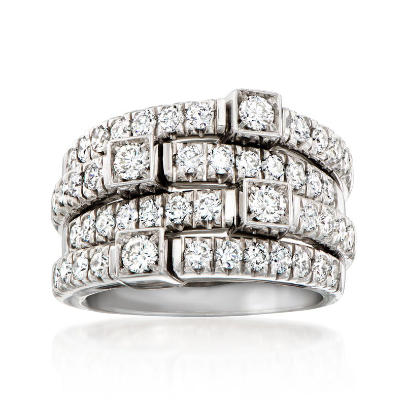 Vintage multi-row diamond ring in white gold, wide band with square-cut diamond settings