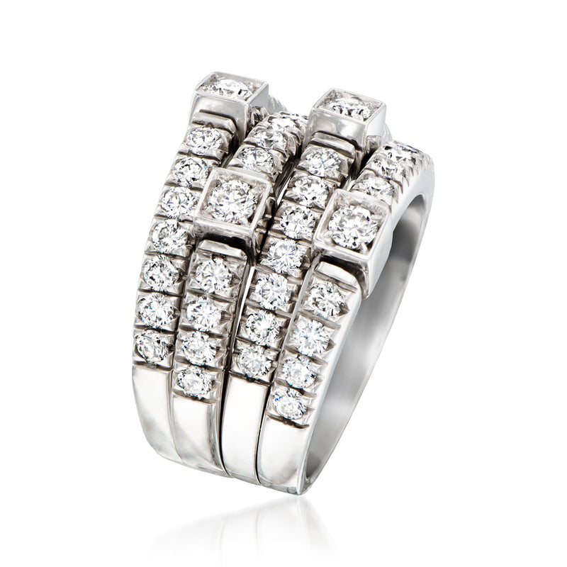 White gold multi-row diamond ring, wide band with square diamond clusters and borders