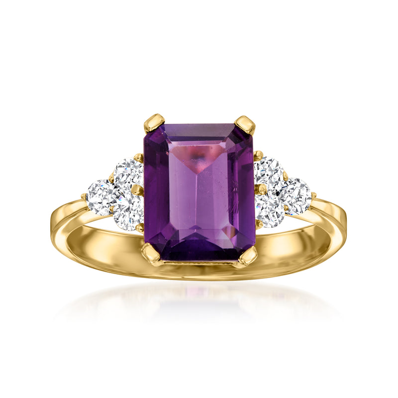 14kt yellow gold ring with square amethyst center and round diamond side stones