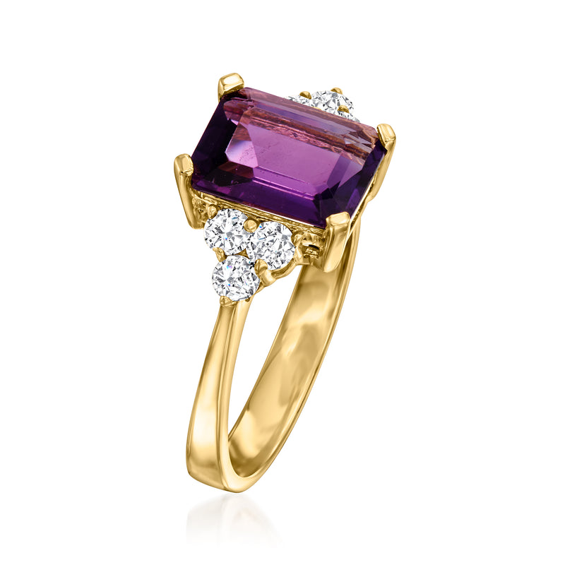 14kt yellow gold ring angled view: square amethyst with round diamond side stones