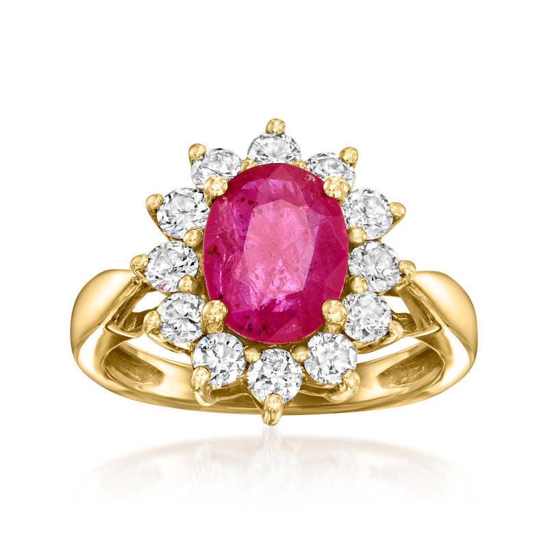 14k yellow gold flower ring with oval pink ruby center and white diamond halo