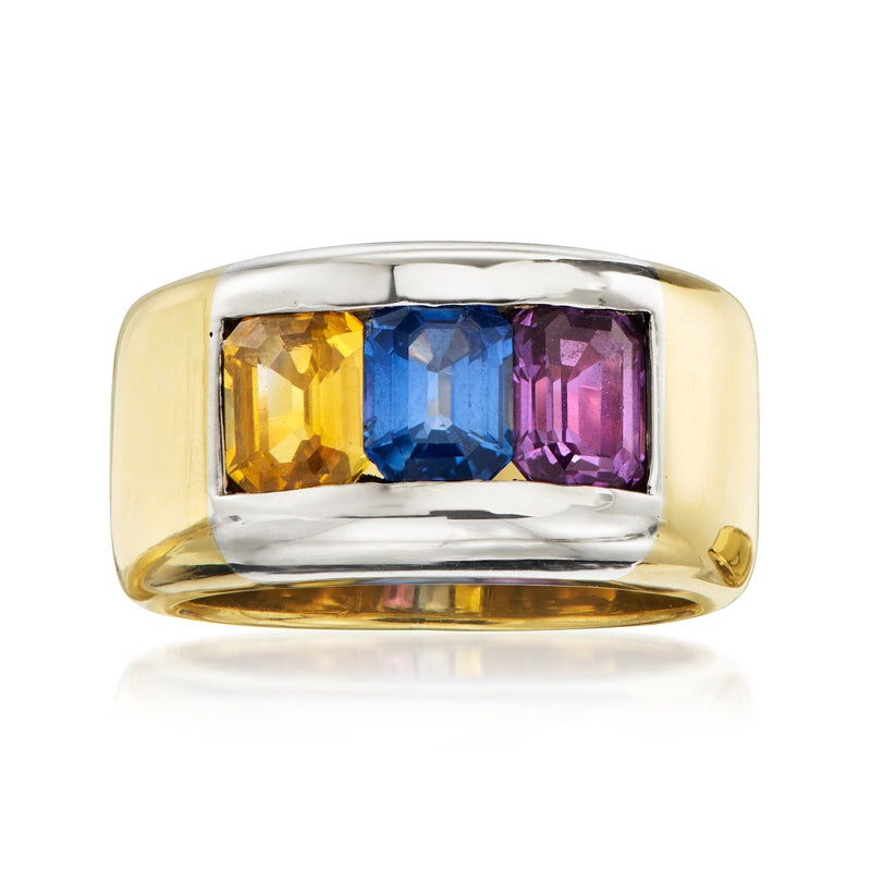 Multicolored sapphire ring in 18kt yellow gold, three rectangular stones