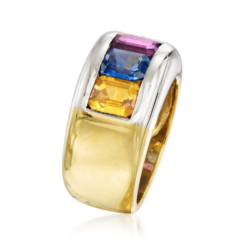 Multicolored sapphire ring in 18kt yellow gold, side view of rectangular stones