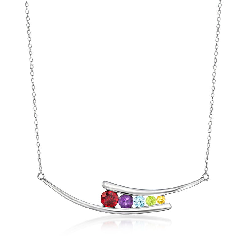 Sterling silver curved bar necklace with multicolor gemstone inlays along bar