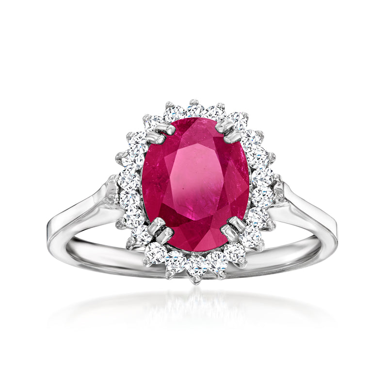14kt white gold ruby and diamond halo ring with oval pink ruby center