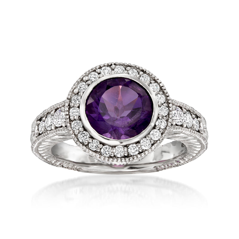 Amethyst and diamond ring in 14kt white gold with halo setting