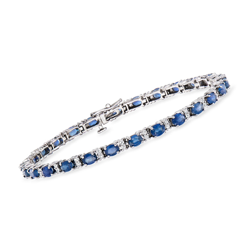 14kt white gold bracelet with blue sapphire oval stones and small diamond accents