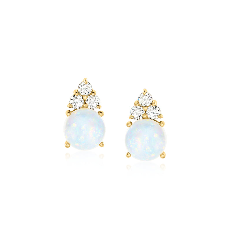 14kt yellow gold opal and diamond stud earrings with round opal cabochon
