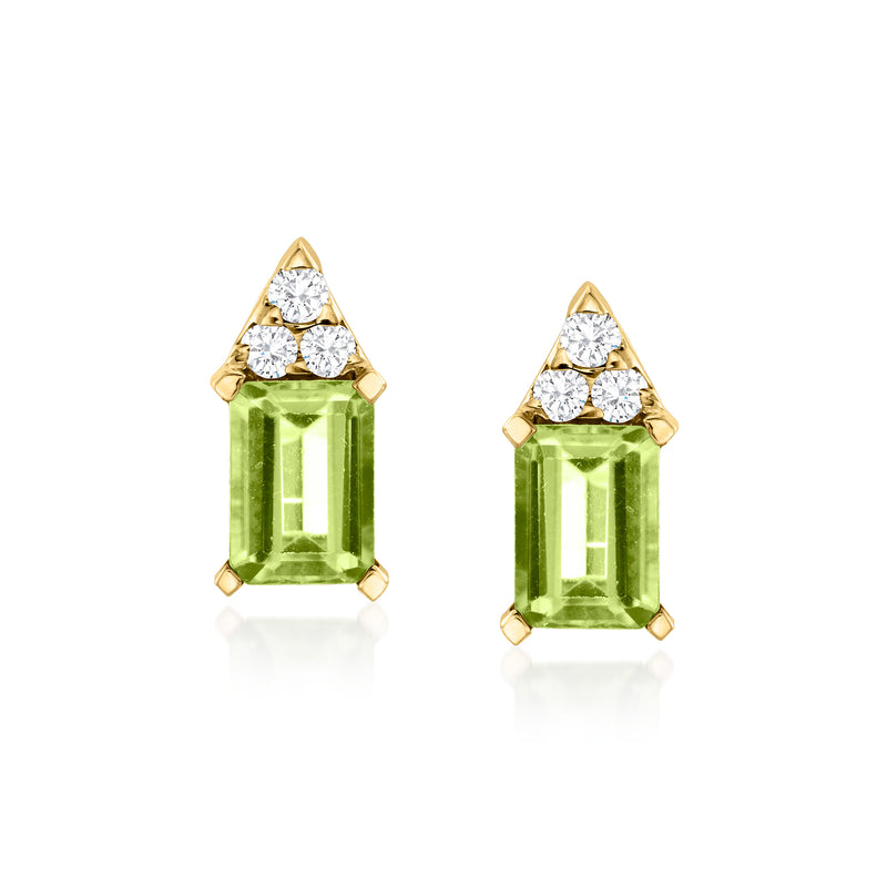 14kt yellow gold peridot & diamond stud earrings, emerald-cut green stones, post backs
