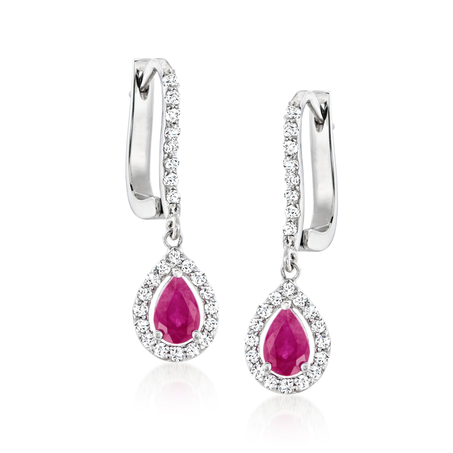 1.00 ct. t.w. Ruby and .42 ct. t.w. Diamond Teardrop Earrings in 18kt White Gold