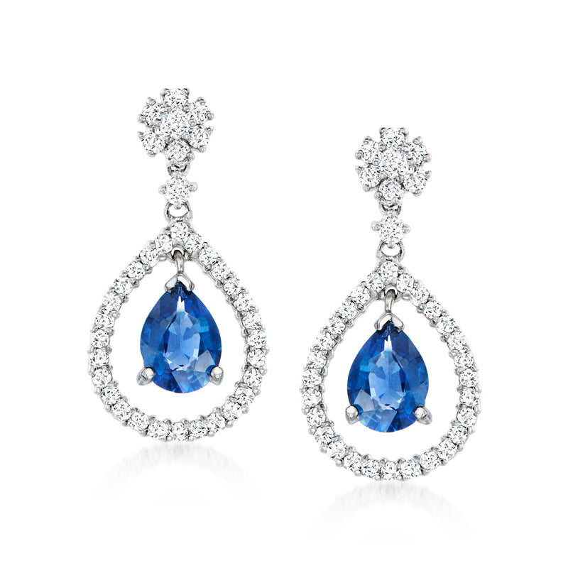 Teardrop drop earrings in 14kt white gold with blue sapphire and diamond halo