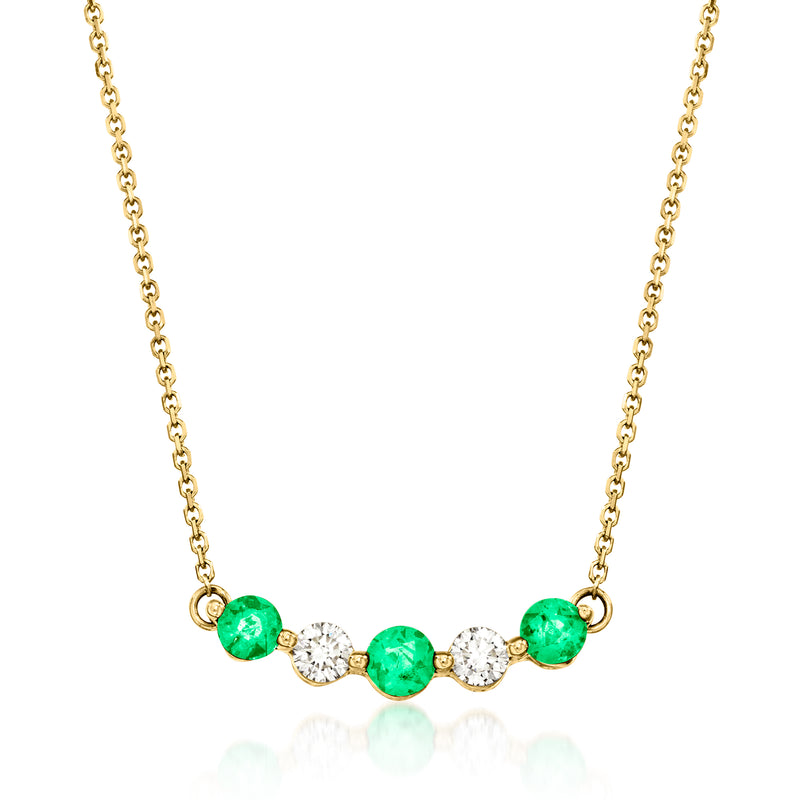 Yellow gold bar necklace with emerald-green stones and white diamonds