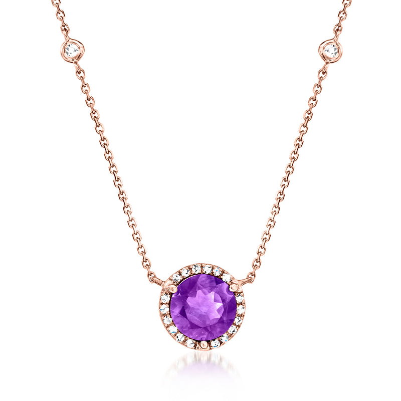 14kt rose gold necklace with round amethyst center and diamond halo on a link chain