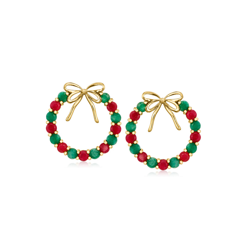 Gold drop earrings: red & green bead wreath hoops with gold bows