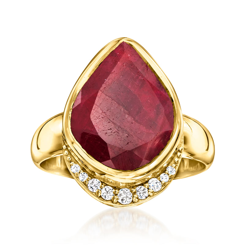 18kt gold over sterling ring with pear-cut deep red gemstone and white topaz halo